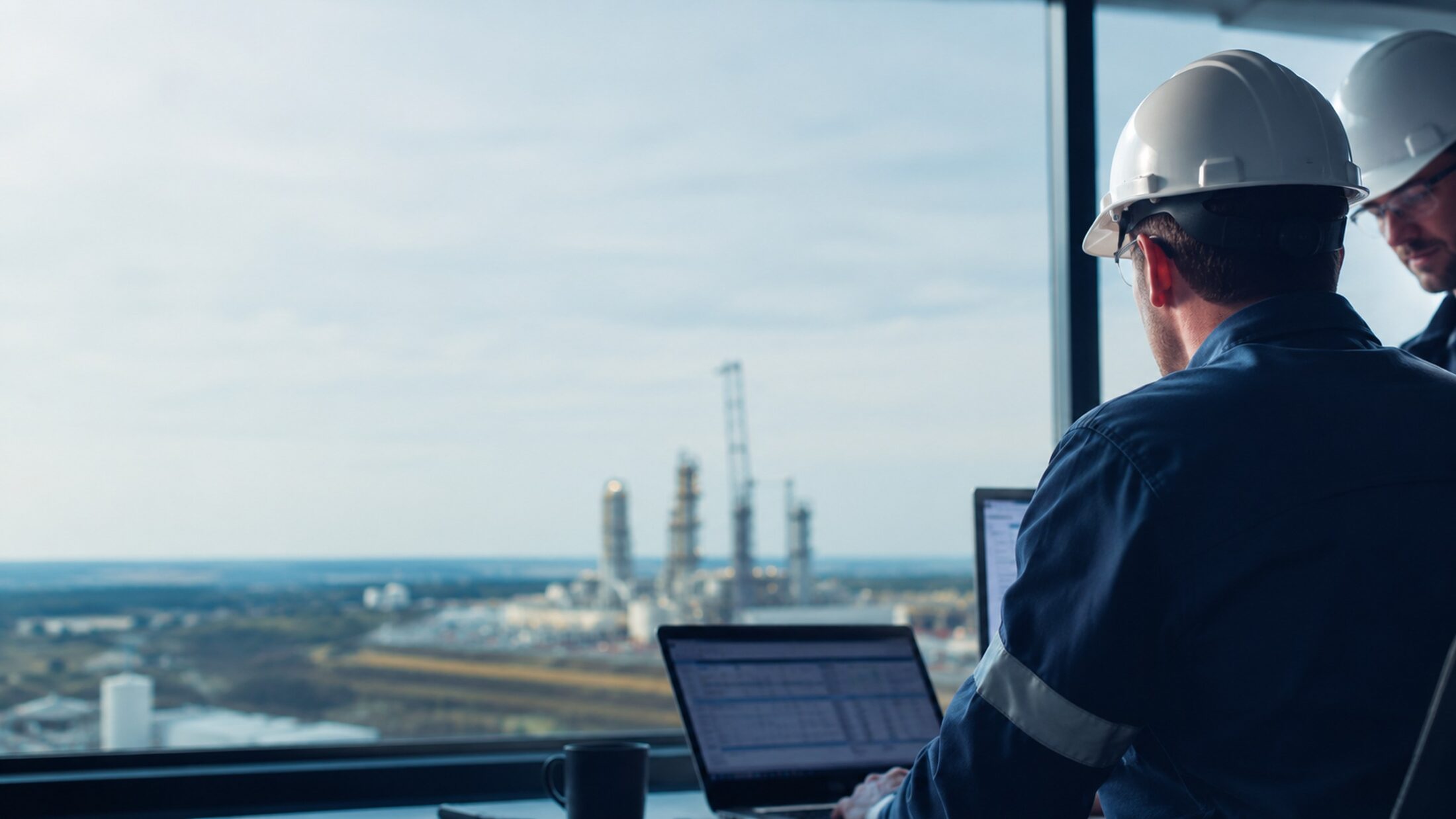 Professionals viewed from behind in an industrial setting overlooking an energy facility