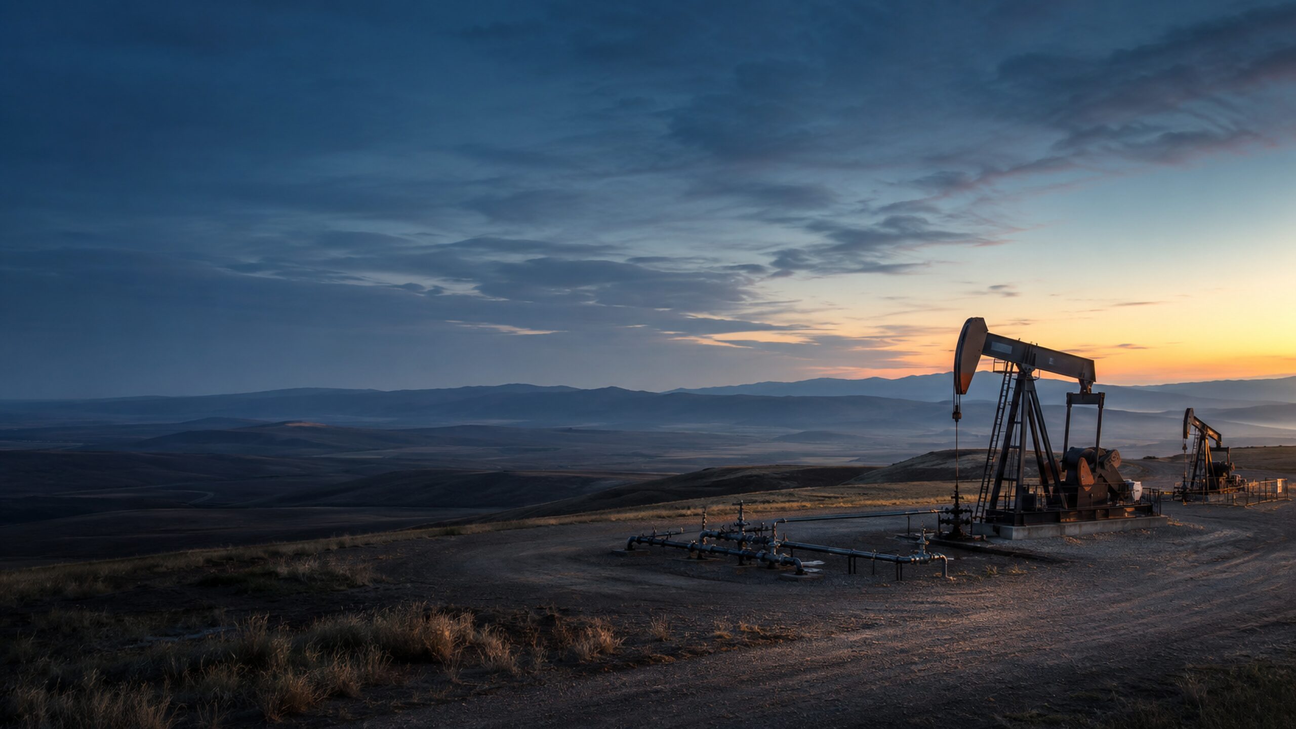 Representative Western Canadian pumpjacks at dawn in a broad foothills landscape