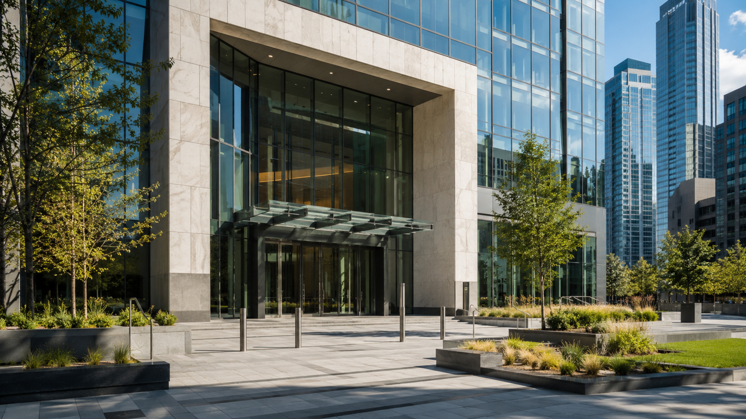Modern Calgary office entrance and public plaza