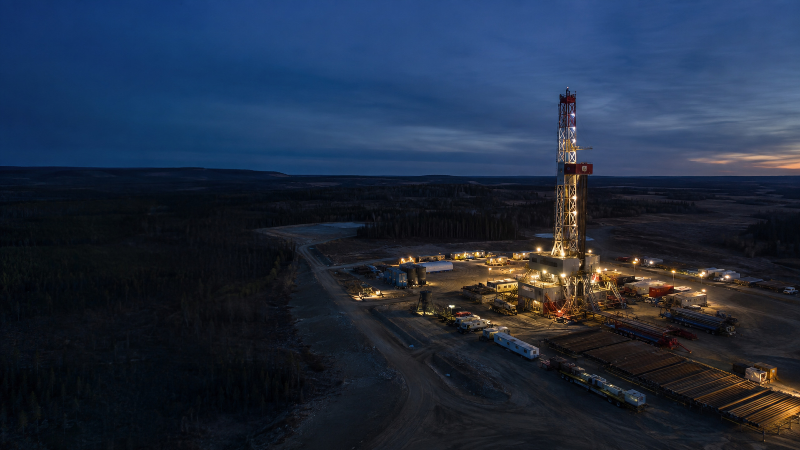 Modern drilling operation on an orderly Western Canadian well pad at blue hour