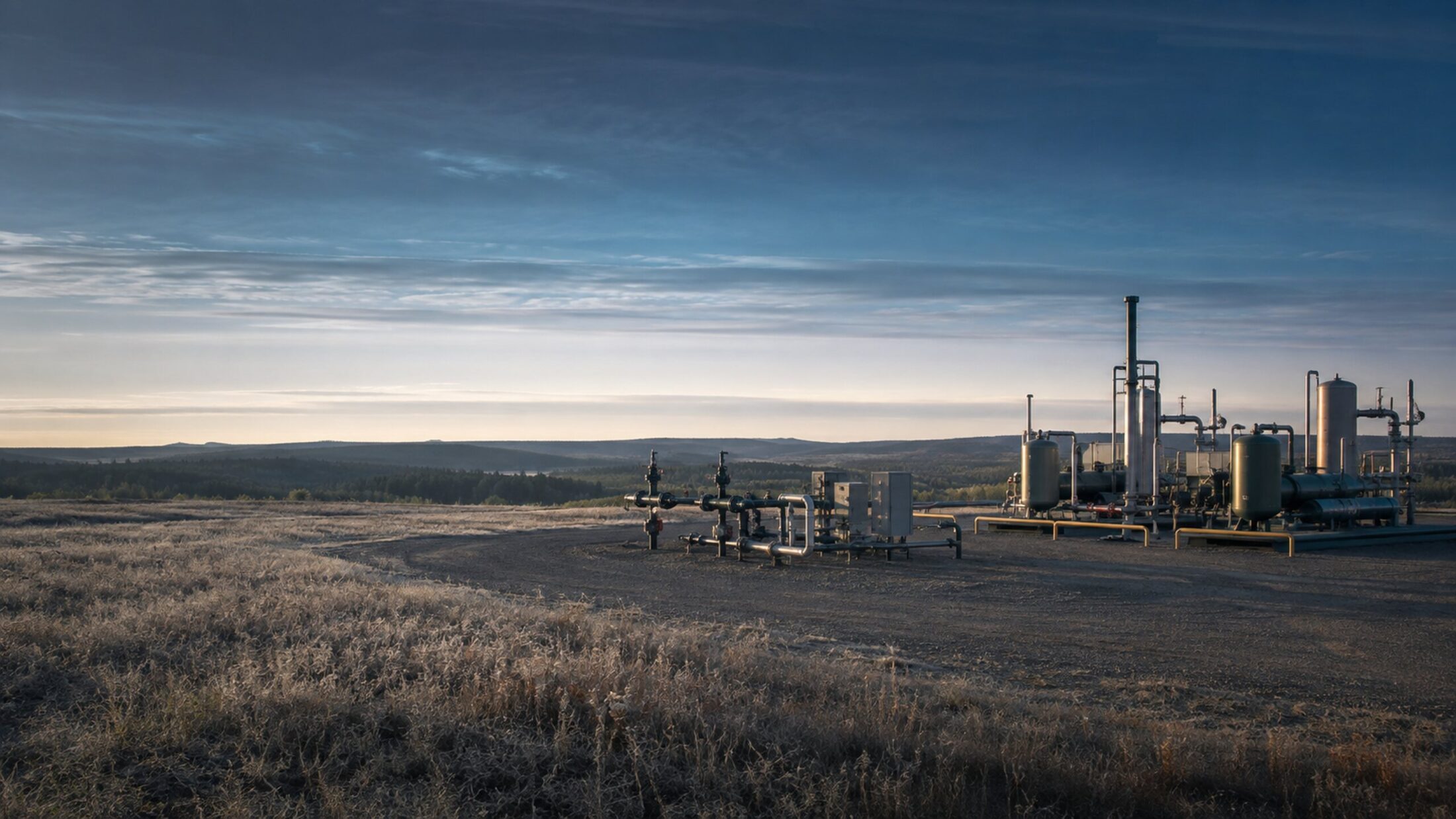 Contemporary upstream well pad in a broad Western Canadian landscape