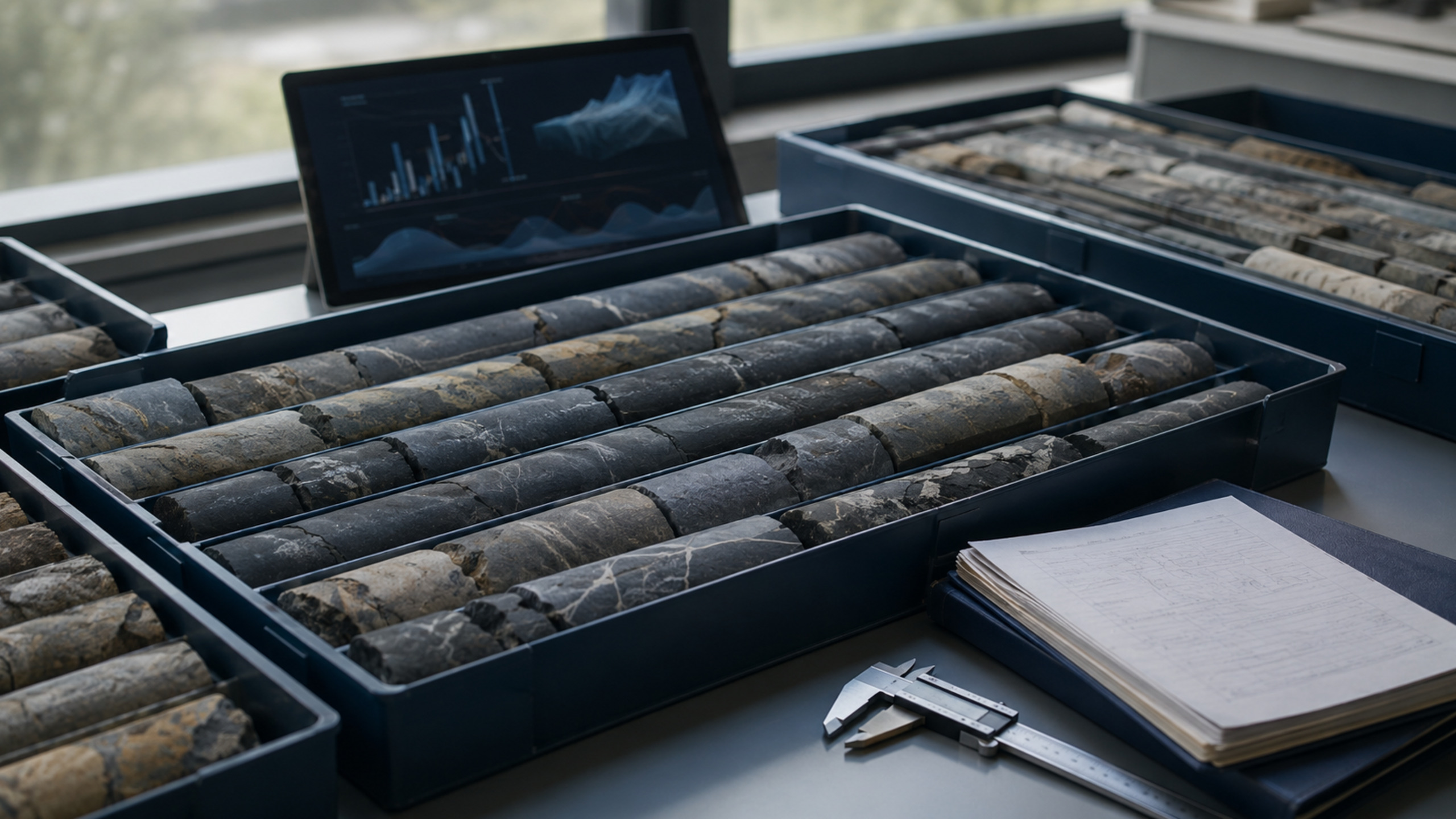 Rock-core samples and technical evidence arranged for geoscience analysis