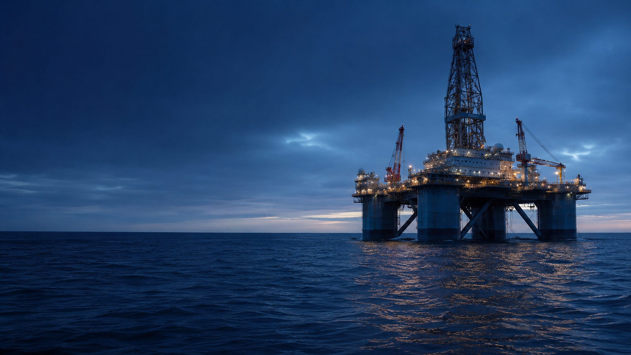 Representative semisubmersible offshore drilling platform operating at blue hour